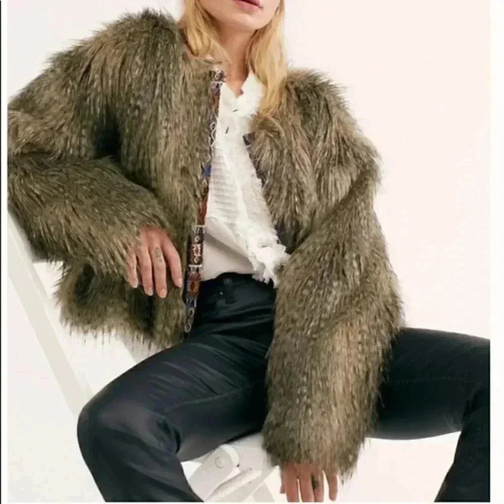 Free People Unwritten Faux Fur Shag Jacket Tribal